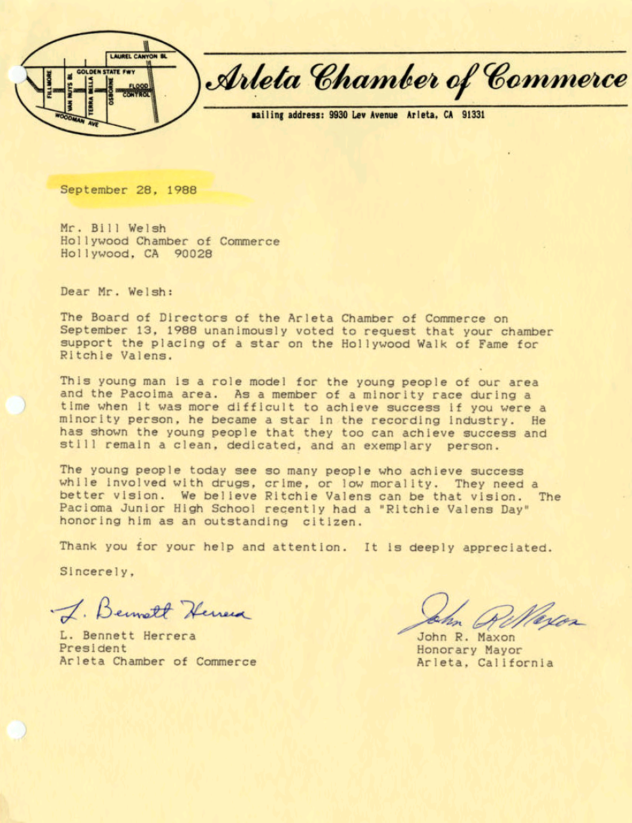 Typewritten letter from the Arleta Chamber of Commerce