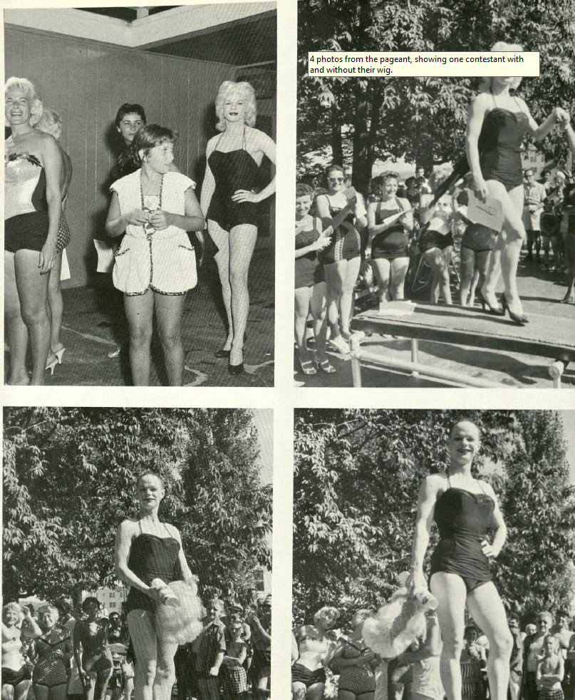 Four photos from a pageant, showing one contestant with and without their wig