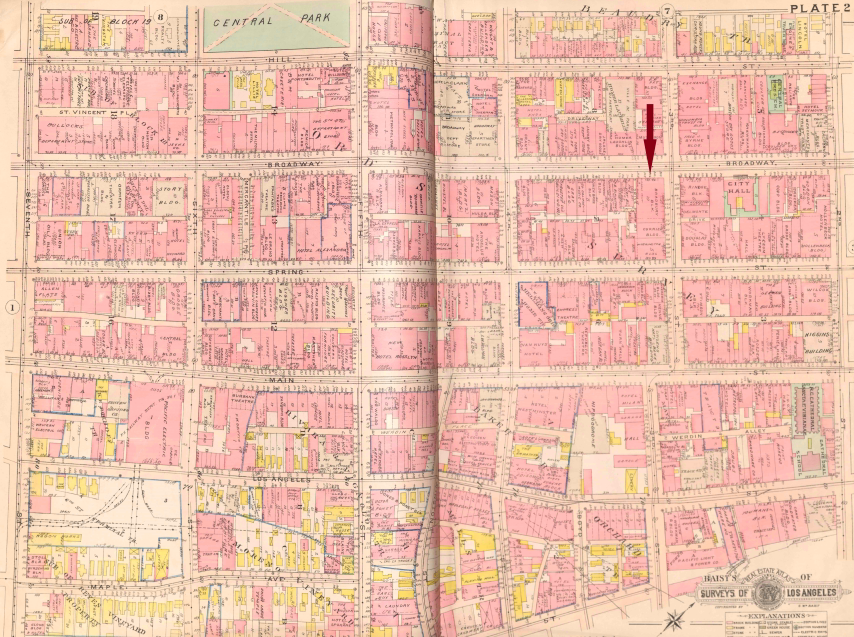 Map of city layout with arrow pointing to location of Bradbury building.